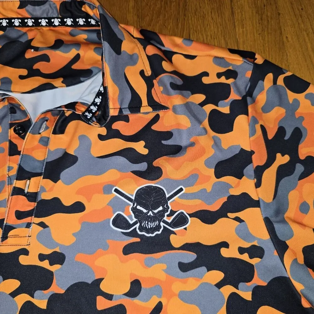Tattoo Golf Camo Cool Collection Golf Shirt Mens L Orange Camo Stretch Skull